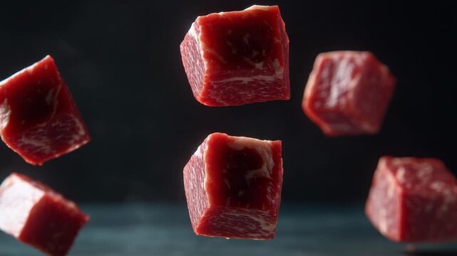 Footage Aerial view of meat cubes suspended in mid-air, ideal for use in food-related illustrations or concept designs