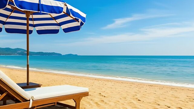 An idyllic tropical beach scene unfolds, featuring crystal-clear turquoise waters gently lapping onto pristine white sand. Towering palm trees sway softly along the shoreline, creating a classic parad