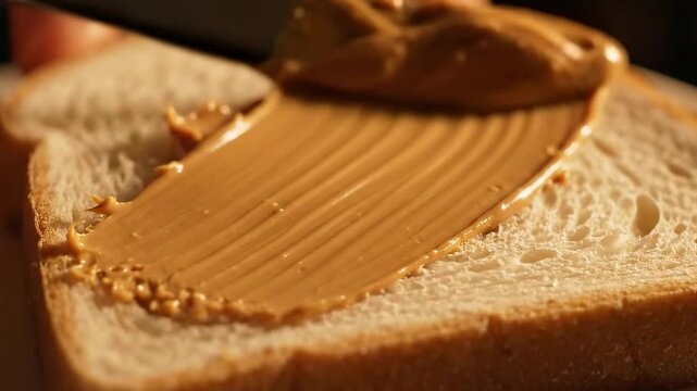 Spreading creamy peanut butter onto a slice of soft white bread with a knife