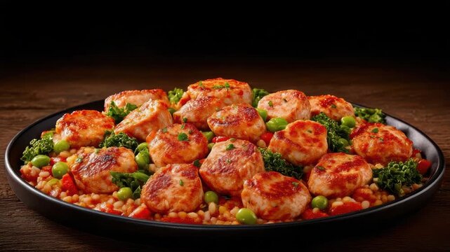 Grilled chicken meatball medallion platter with tomato couscous and green pea garnish