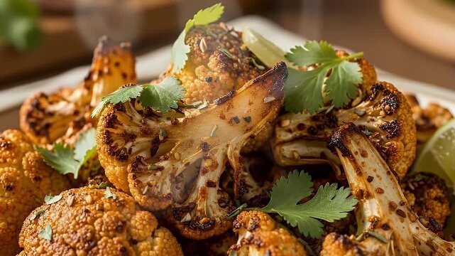Close-up of perfectly roasted cauliflower florets, beautifully golden-brown with caramelized edges, garnished with vibrant fresh cilantro and zesty lime wedges. Wisps of steam gently rise from the hot
