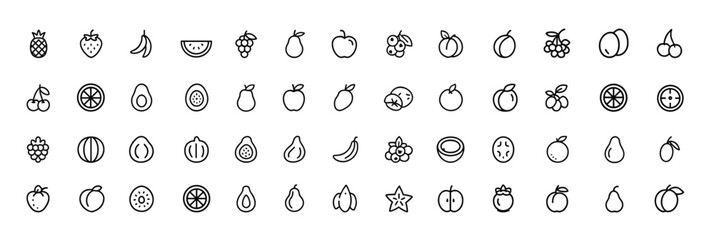 Naklejka premium Fruit Food Icon Set, Black Glyph Silhouettes of Pineapple, Strawberry, Banana, Watermelon, Grapes, Mango, Blueberries, Peach, Cherry, Lemon, Avocado, Kiwi, Fresh Produce Illustration