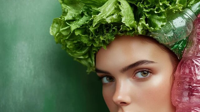 Footage A person wearing a plastic bag and holding lettuce, suitable for humor or irony purposes