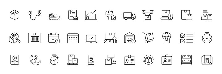 Logistics supply chain icon set, thin line business process illustrations of transport, delivery, packaging, freight, route, digital document, demand, forecast, warehouse system, tracking