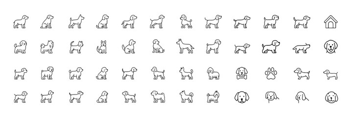 Dog breed vector line icon collection featuring labrador, golden retriever, german shepherd, beagle, bulldog, poodle, dachshund, pug, shih tzu, maltese and yorkshire terrier thin linear illustration © aura studio