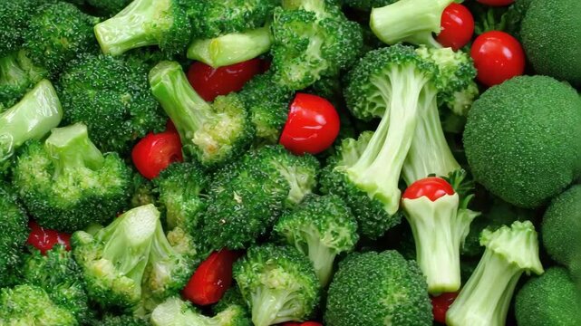Green broccoli and red cherry tomato vegetable produce salad with vibrant color and texture