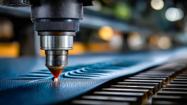 Precision laser engraving process on leather material in a bright, modern workshop during daylight hours - Powered by Adobe