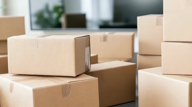 Stacked cardboard box parcel shipping delivery stack packaging conveying busy relocation energy