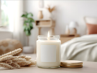 Ultrarealistic studio photo of a lit 9oz clear glass jar candle with gold lid nearby and blank white label Background features modern boho designed bedroom with typic
