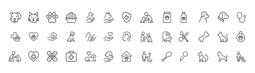 Animal service pet icon set, clean glyph silhouette symbols of dog, cat, paw, carrier, vet care, adoption, training, rescue and support companions, vector illustration set, pet care icons