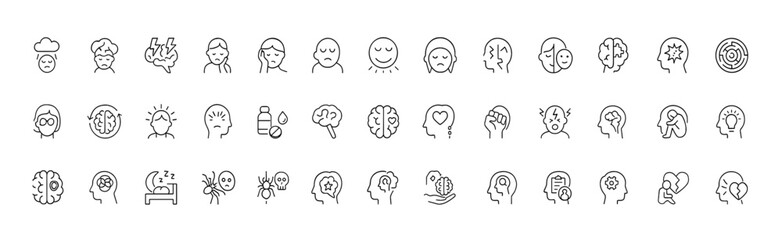 Mental Disorders Icon Set, a thin linear vector collection illustrating anxiety, depression, ADHD, OCD, PTSD, autism spectrum, insomnia, phobias, and mood conditions, icon, mental, outline, pictogram