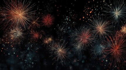 Fototapeta premium Bright fireworks burst in the night sky creating colorful patterns and sparks. The display brings joy to spectators gathered near the event area.