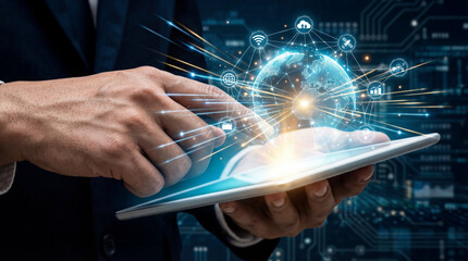 M&atilde;os Segurando Tablet com Rede Abstrata de Dados Globais e Intelig&ecirc;ncia Artificial Brilhante - Conceito de Tecnologia Futura e Inova&ccedil;&atilde;o Digital