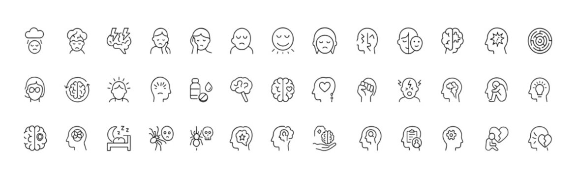 Mental Disorders Icon Set, a thin linear vector collection illustrating anxiety, depression, ADHD, OCD, PTSD, autism spectrum, insomnia, phobias, and mood conditions, icon, mental, outline, pictogram