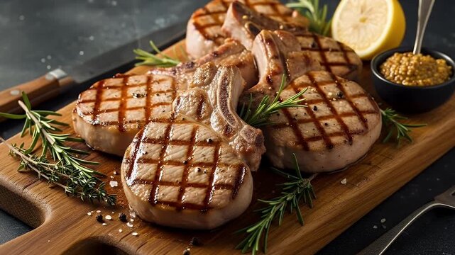 This captivating shot features beautifully grilled, bone-in meat chops, showcasing their perfect char marks and golden-brown crust. Garnished generously with fresh rosemary and thyme, and accompanied 