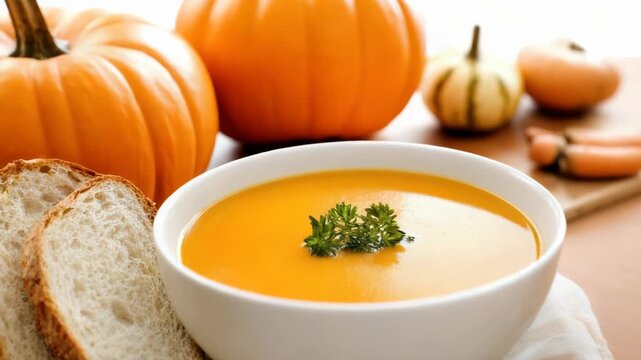 Creamy pumpkin soup garnished with parsley served with crusty bread in warm autumn bowl