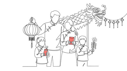 Celebration of Chinese New Year with Family and Traditional Dragon Dance