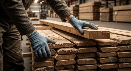 Workers sort and stack wooden planks in a warehouse during the day