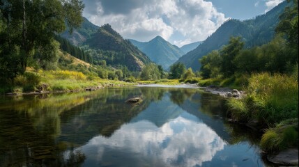 Fototapeta premium A river flows through a valley surrounded by mountains. The water reflects the sky trees and clouds. Green grass and plants line the banks showing a typical outdoor scene.
