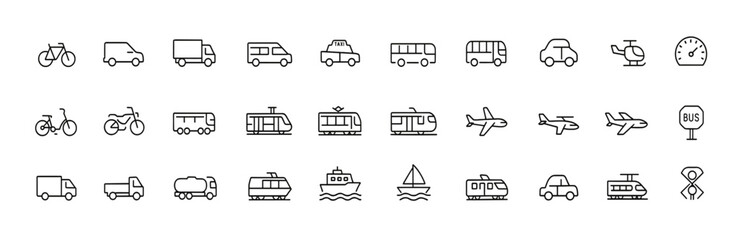 Transportation vehicle icon set, featuring vector glyph pictograms of travel, transit, public transport, car, bus, train, bicycle, boat, airplane silhouette illustration, logistics, commute, cargo