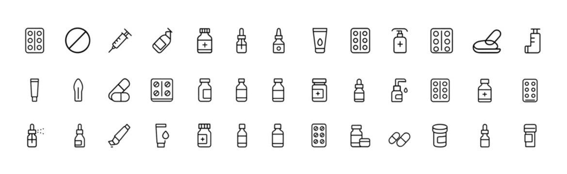 Pharmacy Medicine Packaging Icon Set, Black Glyph Vector Pictograms for Tablet, Syringe, Injection, Syrup, Eye Drops, Nasal Spray, Ointment, Inhaler, Suppository, Healthcare Illustration