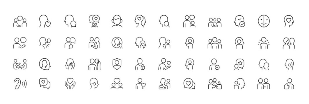 Emotional AI Dialogue Icon Set Showing Empathy, Therapy, and Chat Communication Through Thin Line Vector Pictograms for Mental Wellness Interfaces, icon, dialogue, empathy, support, feedback,