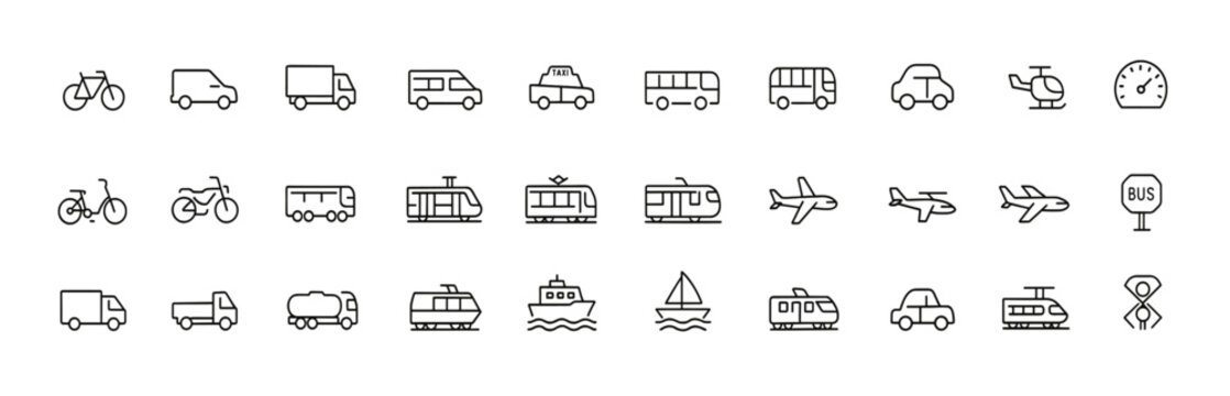 Transportation vehicle icon set, featuring vector glyph pictograms of travel, transit, public transport, car, bus, train, bicycle, boat, airplane silhouette illustration, logistics, commute, cargo