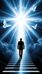 Man walking towards a bright light with clouds and doves above