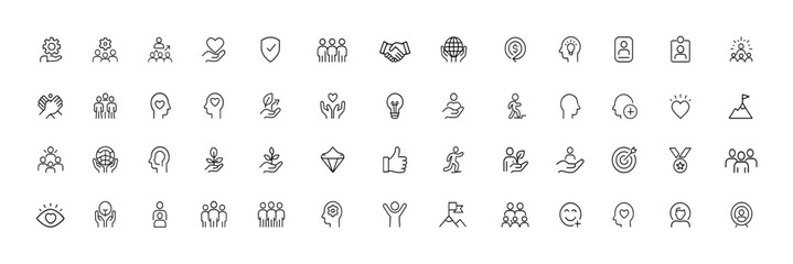 Core Values Vector Icon Set Featuring Linear Symbols of Ethics, Teamwork, Leadership, Integrity, Diversity and Innovation for Modern Company Culture, sustainability, responsibility, collaboration