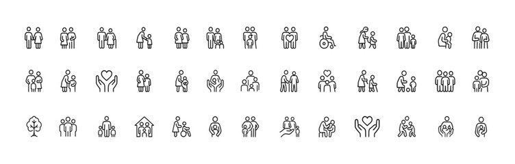 Family relationship icon set with glyph silhouettes of parents, children, elderly, pregnancy, community care and social support, modern vector illustration, unity, nurture, bond