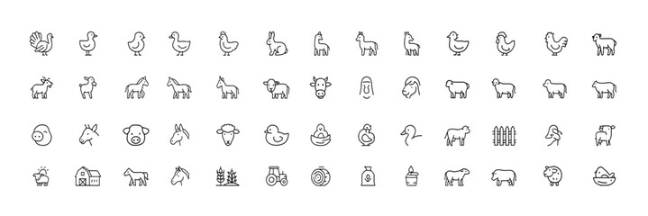 Farm Animal Line Icons, vector outline set of goose, turkey, chick, duck, sheep, horse, pig, donkey, ox and barnyard livestock pictograms for agriculture and rural design, farmstead graphics