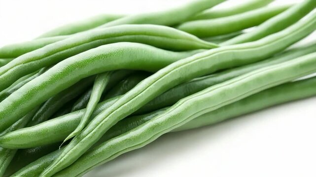 Fresh glossy raw green bean vegetable pod pile white surface with natural bright shine crisp texture
