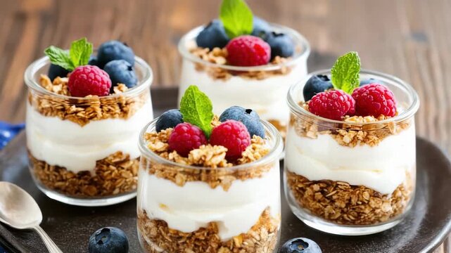 Yogurt granola raspberry blueberry mint parfait layered with creamy raspberries and blueberries