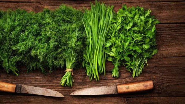Fresh herb bunch dill chive parsley wooden table and board with vintage knives rustic kitchen feel