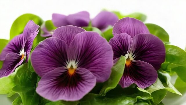 Purple pansy flower closeup on green leaf with delicate veins and soft lighting petals