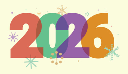 Colorful modern 2026 new year celebration design with overlapping numbers and festive snowflake element