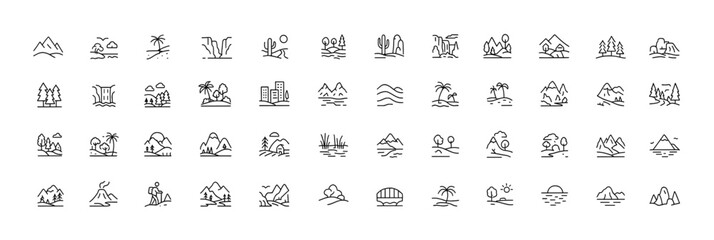 Landscape and Nature Line Icons, thin outline vector set of mountains, beaches, forests, deserts, waterfalls, cityscapes, canyons, outdoor travel scenery, adventure pictograms © aura studio