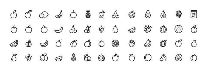 Naklejka premium Fruits and berries icon set, black glyph silhouettes of apple, banana, orange, lemon, grape, pineapple, coconut, cherry, strawberry, healthy organic nutrition vector illustration, tropical fruit