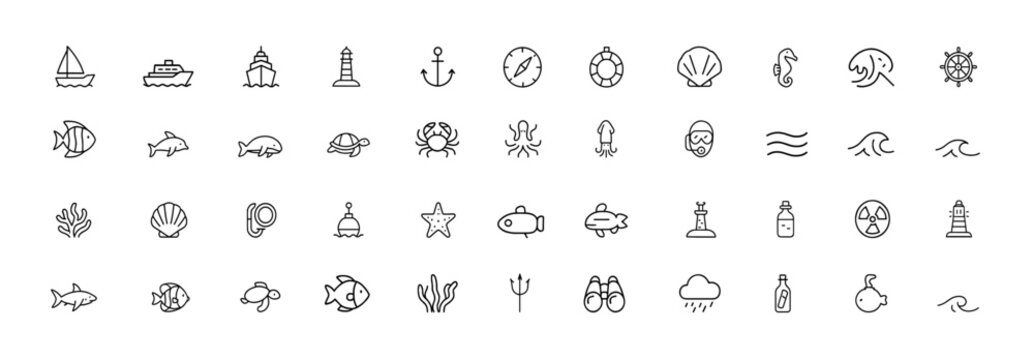 Marine Life & Nautical Icon Set, vector line symbols of sea creatures, sailboats, anchors, lighthouses, coral reefs, navigation elements, underwater wildlife, ocean exploration, pictograms