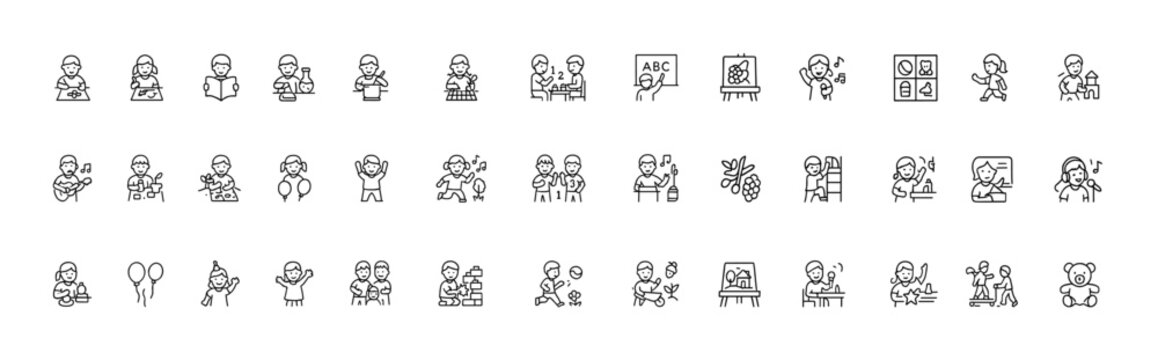 Kindergarten activity icons set with clean linear pictograms of kids learning drawing painting reading crafting cooking science play celebration fun, preschool education vector illustration