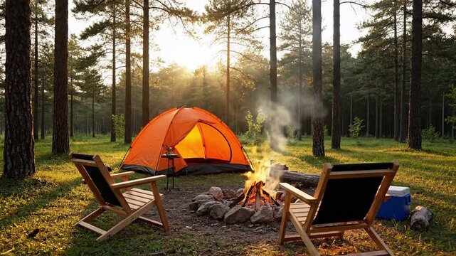 Peaceful campsite with orange tent, campfire and empty wooden chairs in pine forest during sunset