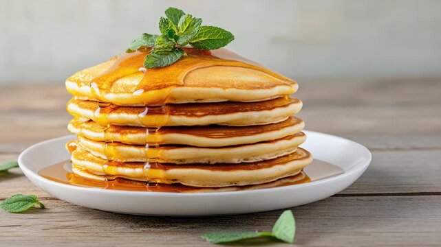 Fluffy pancake stack drizzled with syrup and mint garnish on breakfast plate, golden indulgence