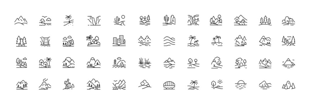 Landscape and Nature Line Icons, thin outline vector set of mountains, beaches, forests, deserts, waterfalls, cityscapes, canyons, outdoor travel scenery, adventure pictograms
