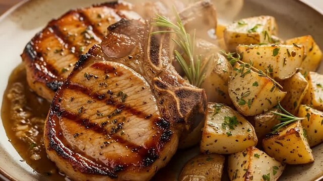This mouth-watering close-up showcases perfectly grilled, savory meat cuts, complete with distinct char marks, accompanied by flavorful seasoned roasted potatoes. A sprig of fresh rosemary adds an aro