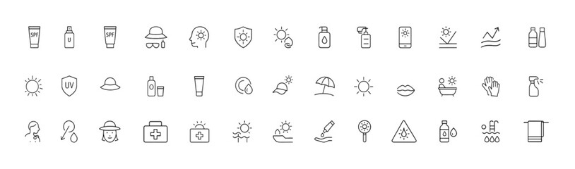 Sun protection vector icon set, black glyph pictograms of sunscreen SPF, UV shield, sunglasses, hat, beach umbrella, skincare safety symbols for summer health, vacation, outdoor sun care,