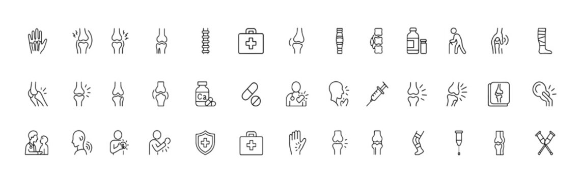 Medical vector icon set with thin line healthcare pictograms, arthritis and osteoporosis care, bone and joint pain, inflammation, injections, diagnosis, skeleton, calcium supplements, radiology