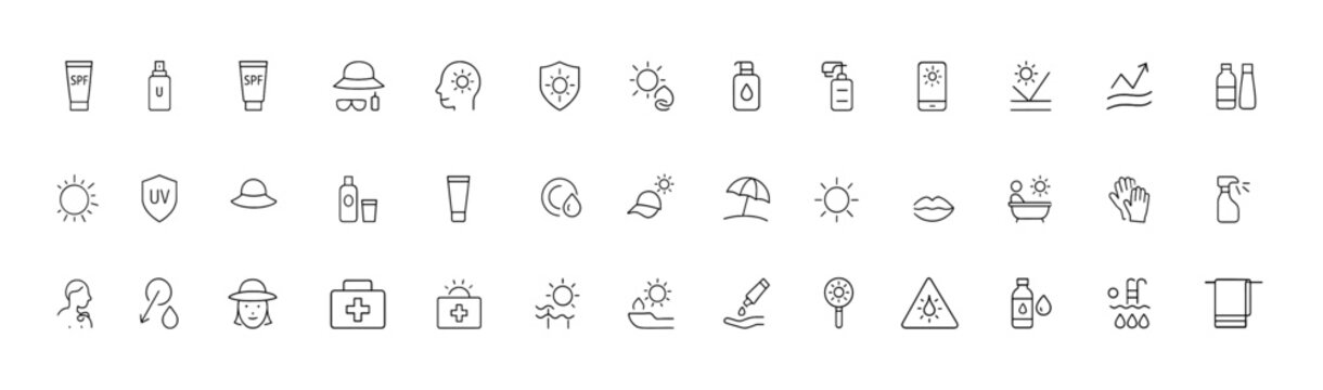 Sun protection vector icon set, black glyph pictograms of sunscreen SPF, UV shield, sunglasses, hat, beach umbrella, skincare safety symbols for summer health, vacation, outdoor sun care,