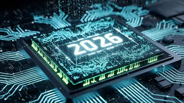 This vibrant, close-up abstract visualization features a glowing central processing unit, or chip, pulsating with ethereal energy. Bright blue and green light emanates from intricate circuit board tra