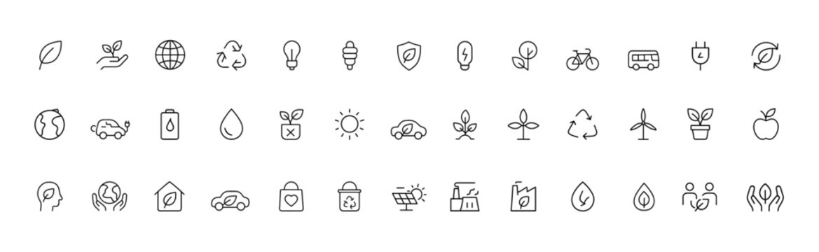 Eco Friendly Sustainability Icon Set, Thin Line Vector Illustrations of Renewable Energy, Solar Panels, Wind Turbines, Recycling and Green Transport, sustainable environment icons, clean energy vector