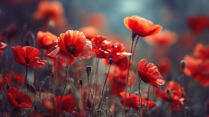 Red poppies stand tall in a field under bright sunlight. The flowers sway gently in the breeze with green stems and leaves surrounding them. It is late spring and nature is vibrant.